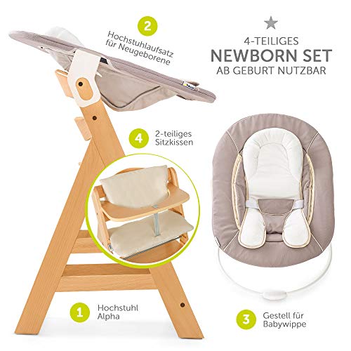 Hauck Alpha Plus Newborn Set - Trona de madera evolutiva bebés, incluye hamaca para recién nacidos, cojín gratis, altura regulable - color natural/beige