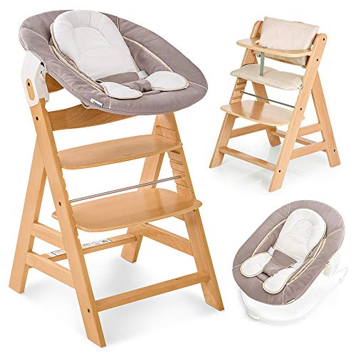 Hauck Alpha Plus Newborn Set - Trona de madera evolutiva bebés, incluye hamaca para recién nacidos, cojín gratis, altura regulable - color natural/beige