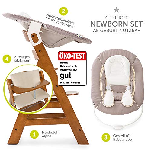 Hauck Alpha Plus Newborn Set - Trona de madera evolutiva bebés, incluye hamaca para recién nacidos, cojín gratis, altura regulable - color nogal/beige