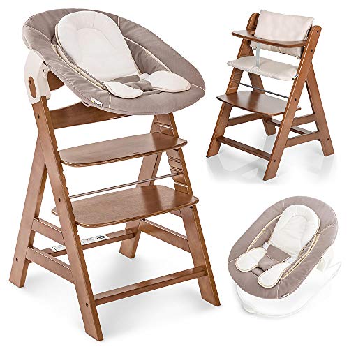 Hauck Alpha Plus Newborn Set - Trona de madera evolutiva bebés, incluye hamaca para recién nacidos, cojín gratis, altura regulable - color nogal/beige