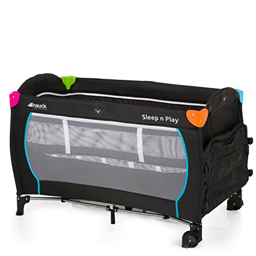 Hauck Sleep N Play Center - Cuna de viaje 7 piezas hasta 15 kg, altura recién nacido, con apertura lateral, ruedas, colchón, cambiador bebe, bolsa de transporte, plegable y regulable, negro