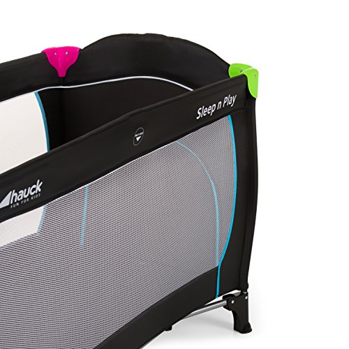 Hauck Sleep N Play Center - Cuna de viaje 7 piezas hasta 15 kg, altura recién nacido, con apertura lateral, ruedas, colchón, cambiador bebe, bolsa de transporte, plegable y regulable, negro