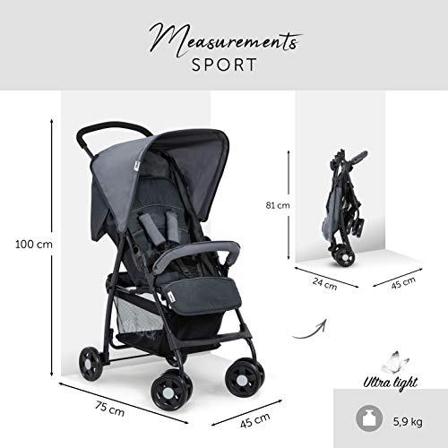 Hauck Sport Silla de paseo ultra ligera de 5,9kg, sistema de arnés de 5 puntos, respaldo reclinable, plegable, para bebes de 6 meses a 15kg, gris