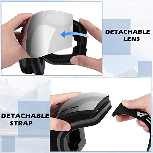 HAUEA Gafas de Esquí, Gafas Esquí Snowboard para Mujer Hombre, Máscara Esquí OTG con Gran Campo de Visión, Doble Lente Anti-Niebla, 100% UV400 Protección, Lente Intercambiable (Plata)