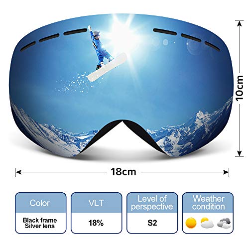 HAUEA Gafas de Esquí, Gafas Esquí Snowboard para Mujer Hombre, Máscara Esquí OTG con Gran Campo de Visión, Doble Lente Anti-Niebla, 100% UV400 Protección, Lente Intercambiable (Plata)