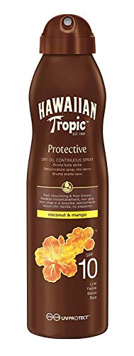 Hawaiian Tropic Protective Dry Oil Continous Spray - Aceite Seco Bronceador en Bruma Spray con Protección Baja SPF 10 , Fragancia Coco y Mango , 180 ml