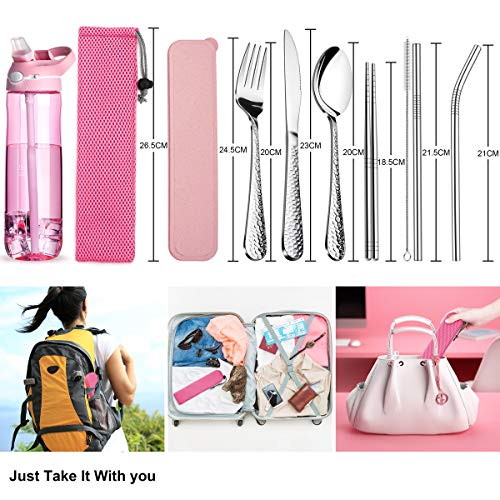 HaWare - Juego de cubiertos de acero inoxidable para camping (9 piezas, incluye cuchillo, tenedor, cuchara, palillos, cepillo de limpieza, pajitas, estuche portátil y bolsa (rosa)