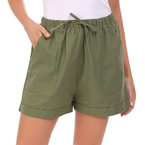 Hawiton Pantalones Cortos para Mujer, Algodon Pantalones de Trabajo Mujer de Cintura Alta, Pantalones de Deporte con cordón y Bolsillos