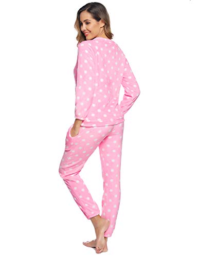 Hawiton Pijamas Mujer Invierno Polar Pijama de Manga Larga Franela Conjunto de Pijama para Mujer Ropa de Casa 2 Piezas