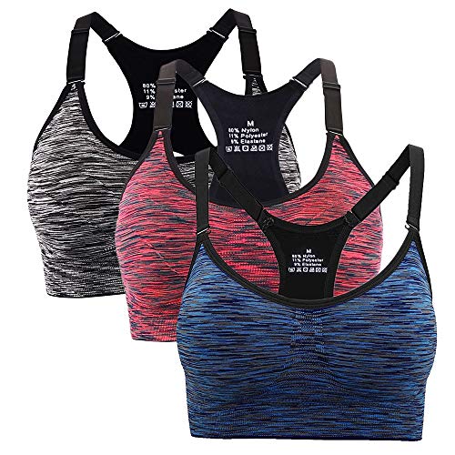 Hawiton Sujetadores Deportivos Mujer con Almohadillas Extraíbles Espalda Sujetador Deporte Mujer Sin Costuras con Relleno Yoga Racerback Top Gimnasio Fitness Ejercicio, Pack 1/3