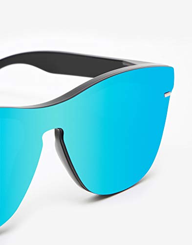 HAWKERS · Gafas de Sol ONE Venm Hybrid Clear One, para Hombre y Mujer, con montura negra acabado brillo y lente de máscara azul cielo con efecto espejo, Protección UV400