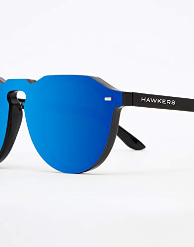 HAWKERS · Gafas de Sol Warwick Sky, para Hombre y Mujer, un clásico renovado que combina montura en negro brillo y lente de máscara azul con efecto espejo, Protección UV400