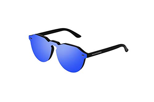 HAWKERS · Gafas de Sol Warwick Sky, para Hombre y Mujer, un clásico renovado que combina montura en negro brillo y lente de máscara azul con efecto espejo, Protección UV400