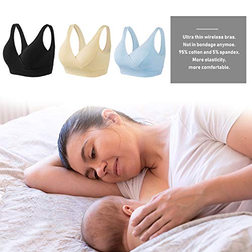 HBselect 3 Piezas Sujetador Embarazo Algodón Sin Aros Sujetador De Lactancia Sujetadores para Premamá para Mejorar Dormir (3 Color Negro Carne Azul, XXL)