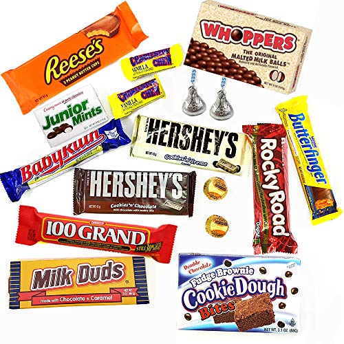 Heavenly Cesta de Dulces y Chocolate Americanos - Set de Marcas Clásicas de USA, Surtidos Originales, Regalo Perfecto para Niños, Adulto - Cumpleaños, Navidad - 18 Dulces, paquete de 28x19x4cm