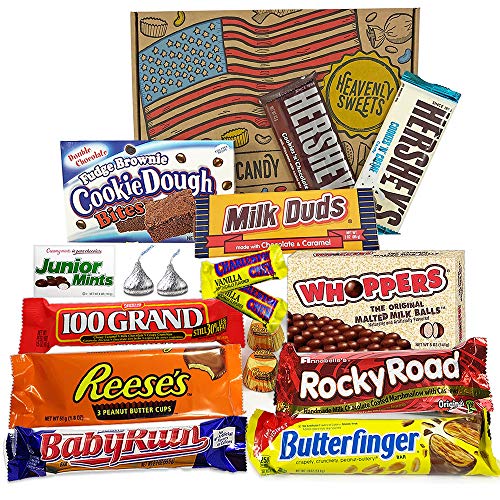 Heavenly Cesta de Dulces y Chocolate Americanos - Set de Marcas Clásicas de USA, Surtidos Originales, Regalo Perfecto para Niños, Adulto - Cumpleaños, Navidad - 18 Dulces, paquete de 28x19x4cm