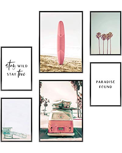 Heimlich Cuadros Decorativos - Decoración Colgante para Paredes de Sala, Dormitorios y Cocina - Arte Mural - 2 x A3 (30x42cm) et 4 x A4 (21x30cm) | Sin Marcos »Surfer Beach «