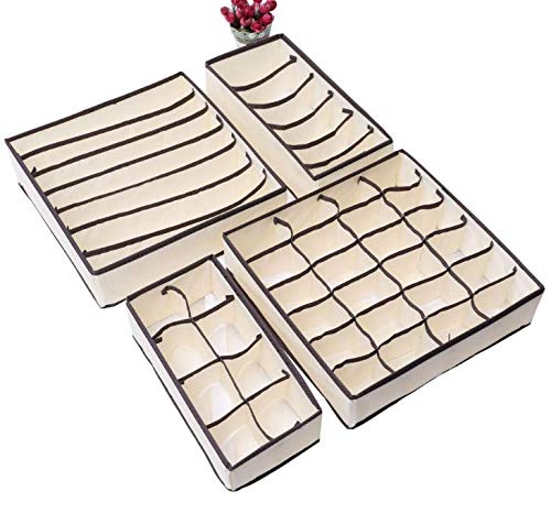 Heiqlay Organizadores de Cajones Plegables, Organizador de Ropa Interior Caja de contenedores de almacenamiento plegable para sujetadores, calcetines, corbatas, pañuelos (4 piezas, blanco cremoso)