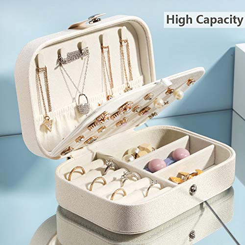 HEPAZ Caja Joyero Pequeña,PU Cuero Joyero de Viaje Cajas,ewelry Organizer para Anillos Aretes Pendientes Pulseras y Collares, Incluye un paño de Pulido Plateado(Blanco)