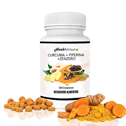 HerbAmour CURCUMA PIPERINA ZENZERO I 120 Pastillas Extractos Puros De Cúrcuma (320 Mg) Pimienta (20 Mg) Jengibre I Producto Antiinflamatorio Antioxidante Analgésico Curcumina I Suplemento Turmeric