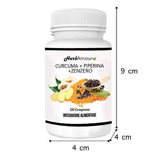 HerbAmour CURCUMA PIPERINA ZENZERO I 120 Pastillas Extractos Puros De Cúrcuma (320 Mg) Pimienta (20 Mg) Jengibre I Producto Antiinflamatorio Antioxidante Analgésico Curcumina I Suplemento Turmeric