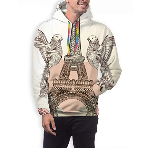 Hermosa tarjeta de San Valentín detallada Torre Eiffel para hombre Sudaderas divertidas Cool Graphic Sudaderas de impresión 3D manga larga ropa casual con bolsillos grandes