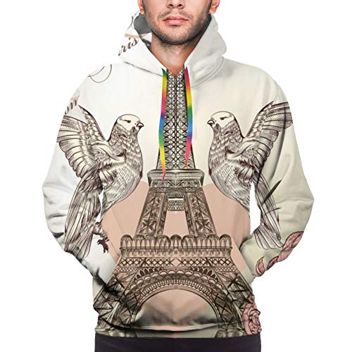 Hermosa tarjeta de San Valentín detallada Torre Eiffel para hombre Sudaderas divertidas Cool Graphic Sudaderas de impresión 3D manga larga ropa casual con bolsillos grandes