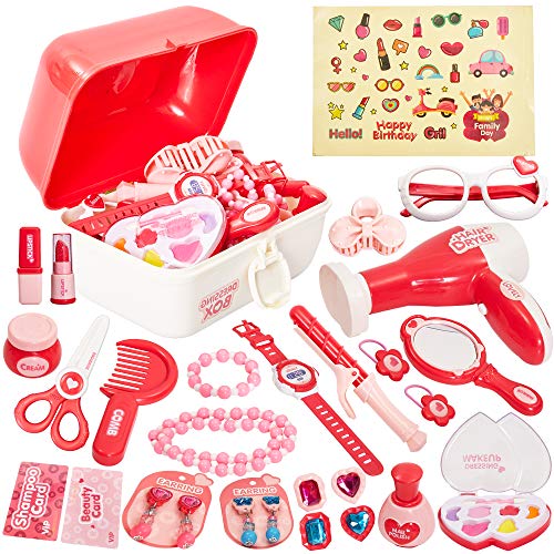 HERSITY 29 Piezas Maleta de Maquillaje Belleza y Peluqueria Juguete de Joyería Juego de Imitación Regalo de Princesa para Niños Niñas
