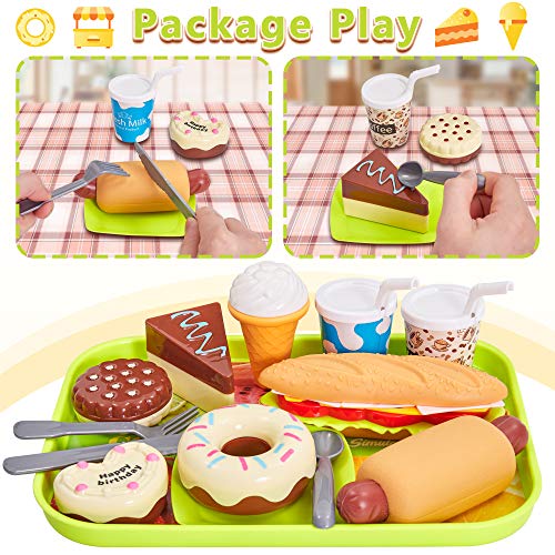 HERSITY Comida Cocinitas Juguete Alimentos Hamburguesas Helados Pastel Plastico de Juguete con Bandeja Juegos de rol Regalos para Niños 3 4 5 Años