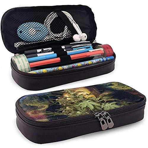 HFHY  Estuche de lápices Sativa - Estuche de lápiz de cuero PU de alta capacidad Organizador de papelería Bolsa de maquillaje cosmético