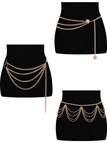 Hicarer 3 Piezas Cadena de Cintura Vientre Cadena de Cintura de Metal Multicapa Joyería de Playa de Verano de Cuerpo para Mujeres y Niñas (Estilo Borla)