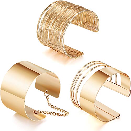 Hicarer 3 Piezas Pulseras Brazaletes Ancho de Puño Pulsera Ajustable de Aleación Pulsera de Bobina Oro para Mujeres
