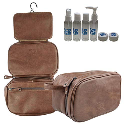 HiCollections - Neceser colgante para hombre, 3 compartimentos grandes, impermeable, de piel sintética, bolsa de lavado, kit organizador de viaje con 4 botellas