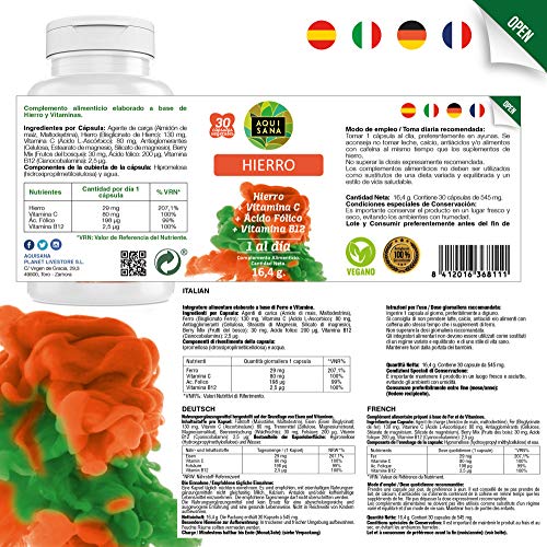 Hierro con Ácido Fólico | Suplemento de Hierro con Vitamina C y Vitamina B12 | Mayor vitalidad y Energía |Para Hombres y Mujeres |30 Cápsulas – Aquisana