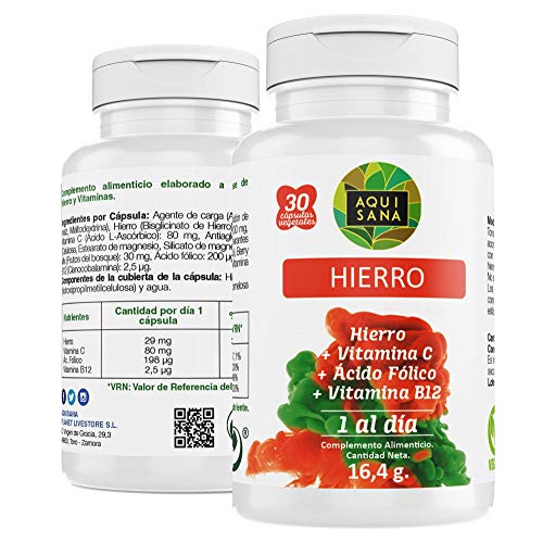 Hierro con Ácido Fólico | Suplemento de Hierro con Vitamina C y Vitamina B12 | Mayor vitalidad y Energía |Para Hombres y Mujeres |30 Cápsulas – Aquisana