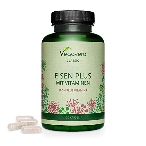 Hierro Vegavero® | Apto Para Veganos | 14 mg=100% CDR | Con Vitamina C + B12 + B2 + B6 + Ácido Fólico | Sin Aditivos | 120 Cápsulas | Anemia + Menstruación + Energía* + Cansancio