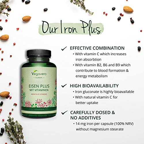 Hierro Vegavero® | Apto Para Veganos | 14 mg=100% CDR | Con Vitamina C + B12 + B2 + B6 + Ácido Fólico | Sin Aditivos | 120 Cápsulas | Anemia + Menstruación + Energía* + Cansancio