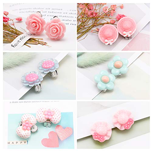 Hifot 16 Pares Pendientes de Clip Pendientes de diseño sin Perforaciones Vestir Accesorios de joyería Princesa para niñas niños pequeños en 2 Cajas claras