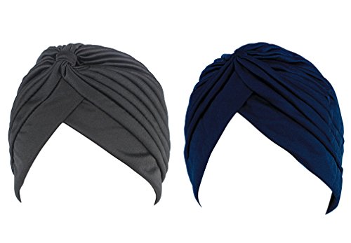 hikong - 2 paños musulmanes para mujer, turbante indio, turbante para la cabeza, para la pérdida de cabello o quimioterapia, talla única Negro y azul oscuro. Talla única