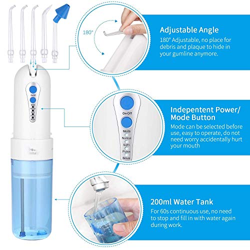 Himaly Irrigador Bucal Portátil 200ml Irrigador Dental Profesional IPX7 Water Flosser con Tanque de Agua Irrigador Bucal Oral Impermeable para Limpieza y Cuidados Dental (Normal 200ml)