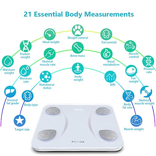 HIMOX Báscula Grasa Corporal y Muscular Báscula Inteligente Bluetooth Analizar Más de 23 Funciones, 400 lbs/180kg, Báscula de Baño USB Carga, Báscula Digital Grasa Corporal/Músculo/BMI
