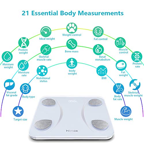 HIMOX Báscula Grasa Corporal y Muscular Báscula Inteligente Bluetooth Analizar Más de 23 Funciones, 400 lbs/180kg, Báscula de Baño USB Carga, Báscula Digital Grasa Corporal/Músculo/BMI
