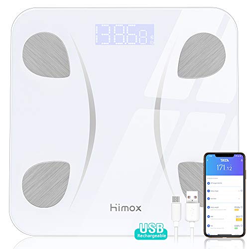 HIMOX Báscula Grasa Corporal y Muscular Báscula Inteligente Bluetooth Analizar Más de 23 Funciones, 400 lbs/180kg, Báscula de Baño USB Carga, Báscula Digital Grasa Corporal/Músculo/BMI