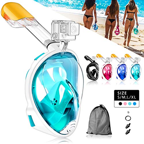 HINATAA Máscara de Buceo, 180°Panorámica Máscara de Snorkel de Cara, Anti-vaho Anti-Fuga,con Tapones con Tapones para los oídos Impermeables,GoPro Mount Easy Breathe para Adultos,Niños (Verde, S/M)