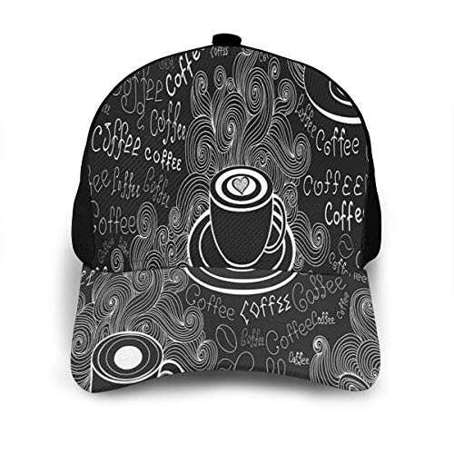 Hip Hop Sun Hat Baseball Cap,Doodle Cafe Pattern with Heart Mocha Espresso Beverage Latte Curved Vibes Print,For Men&Women