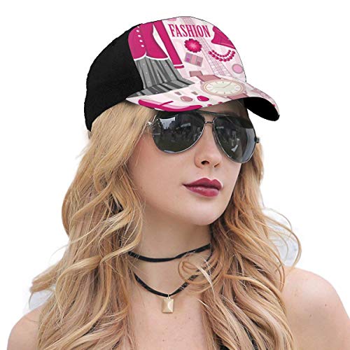 Hip Hop Sun Hat Baseball Cap,Fashion Theme In Paris with Outfits Dress Watch Purse Perfume Parisienne Landmark,For Men&Women