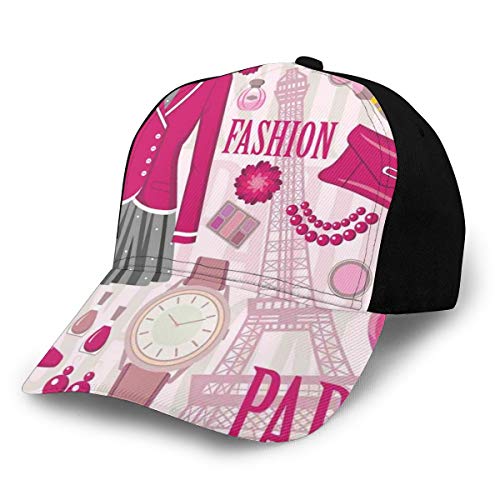 Hip Hop Sun Hat Baseball Cap,Fashion Theme In Paris with Outfits Dress Watch Purse Perfume Parisienne Landmark,For Men&Women