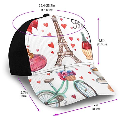 Hip Hop Sun Hat Baseball Cap,Paris Illustration of Hearts Eiffel Tower Red Wine Coffee Perfume Romance Themed,For Men&Women