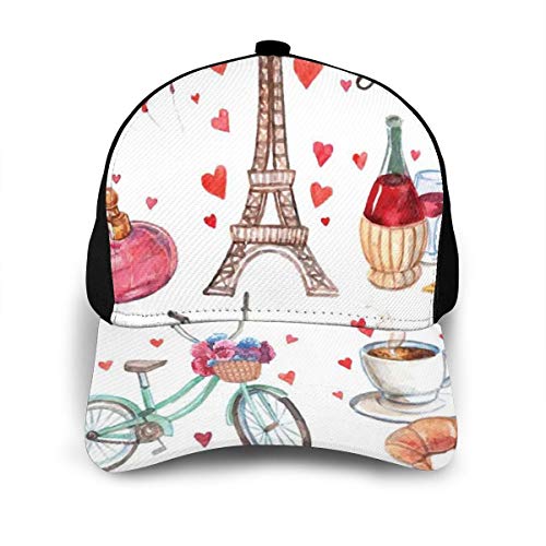 Hip Hop Sun Hat Baseball Cap,Paris Illustration of Hearts Eiffel Tower Red Wine Coffee Perfume Romance Themed,For Men&Women