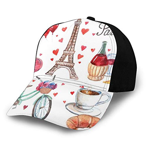 Hip Hop Sun Hat Baseball Cap,Paris Illustration of Hearts Eiffel Tower Red Wine Coffee Perfume Romance Themed,For Men&Women